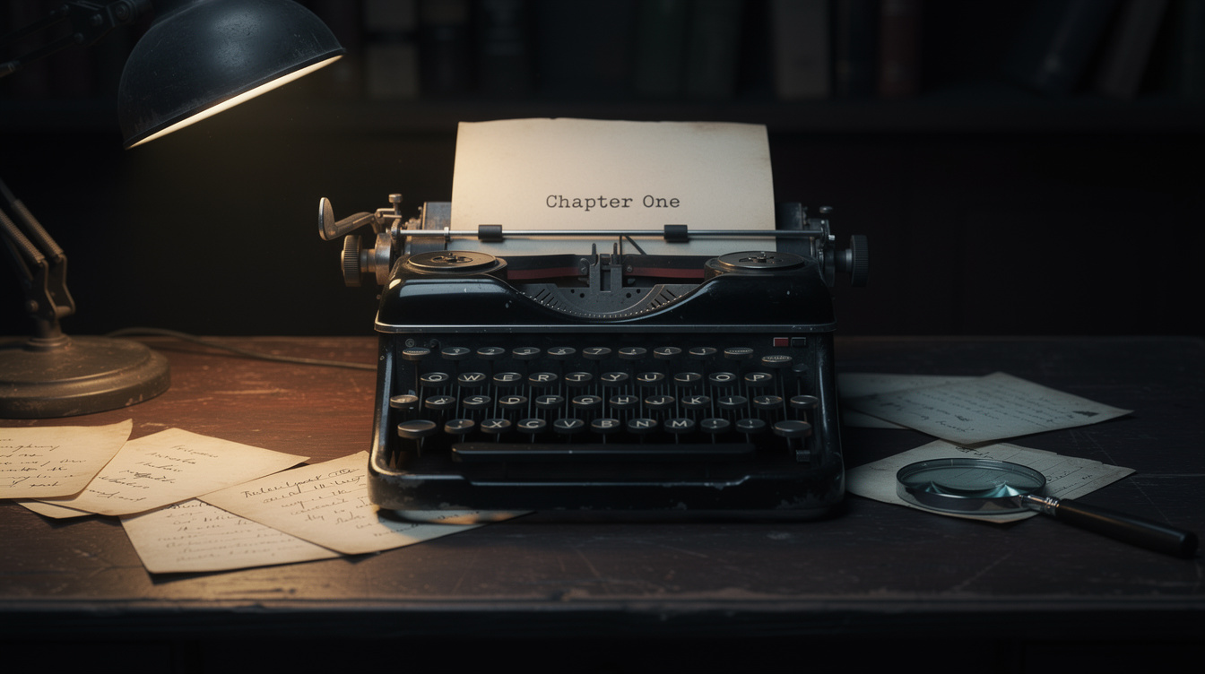 Vintage typewriter on a wooden desk lit by a single lamp in a dark room