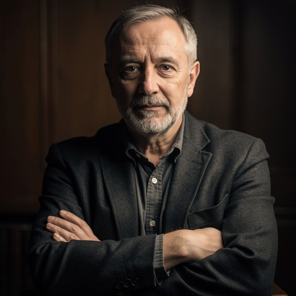 Portrait of a middle aged Croatian man in a dark jacket sitting in a study