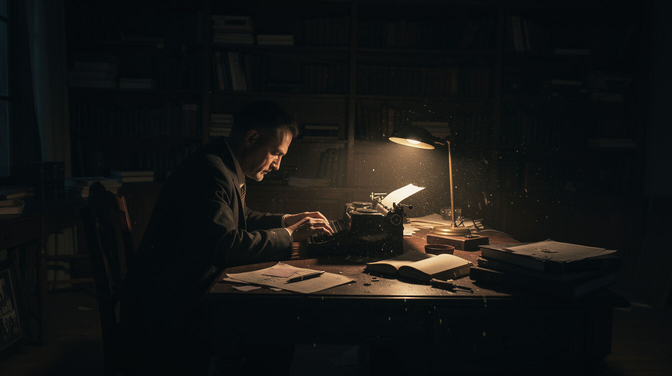 mystery writer at desk with lamp