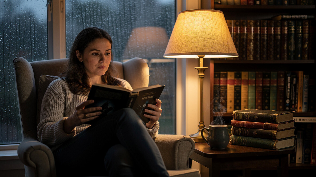 woman reading mystery book by window