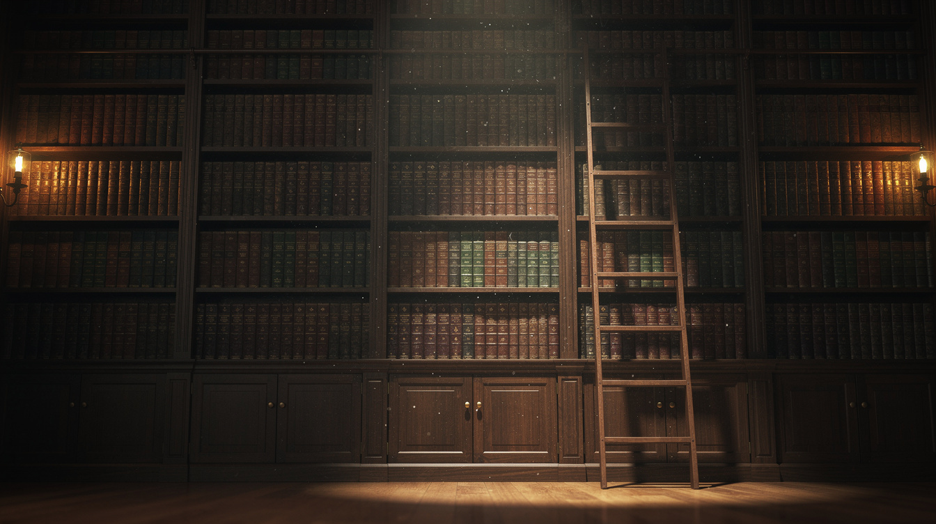 Dark wooden library shelves filled with old books lit by warm light