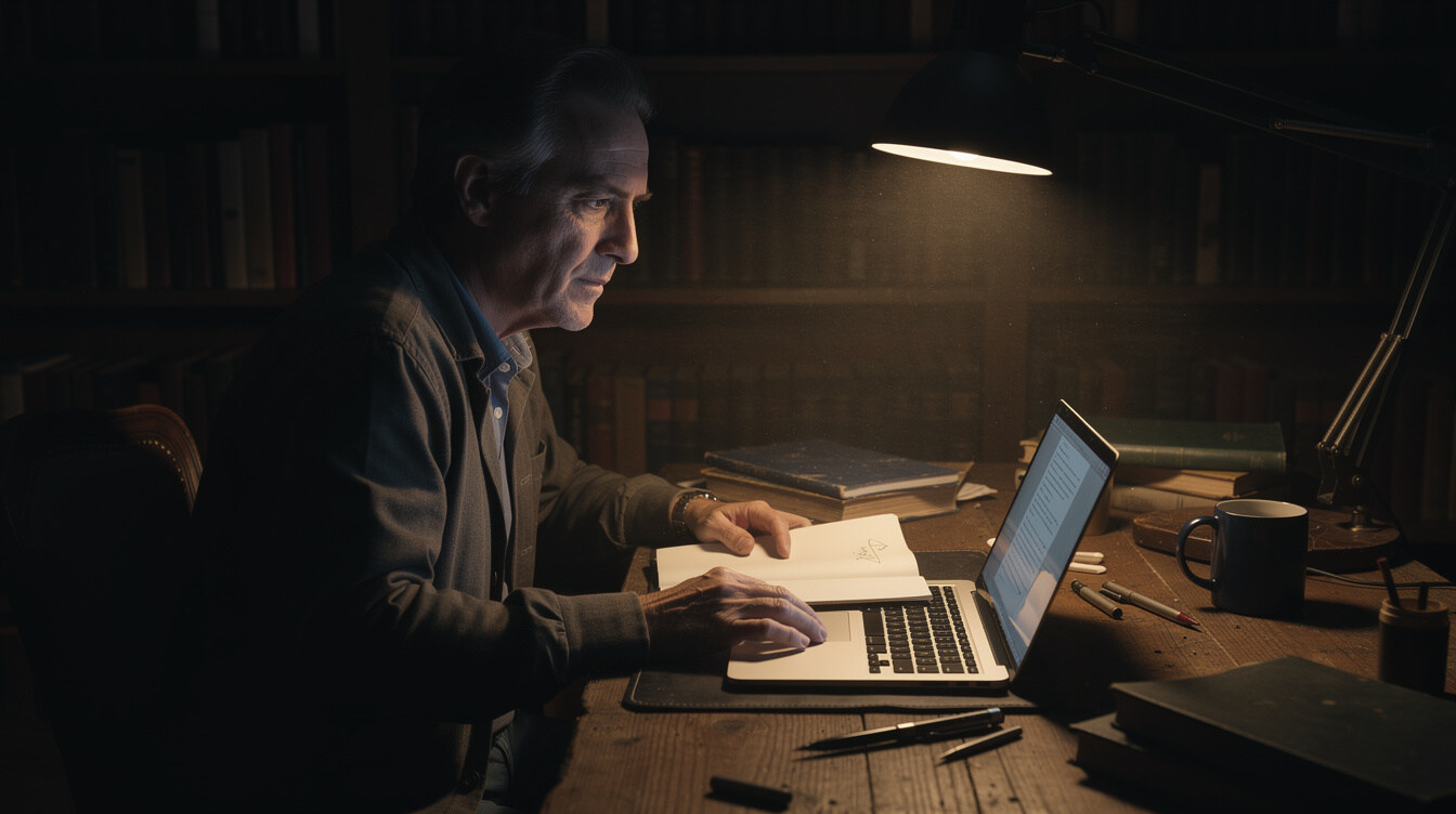mystery writer at desk
